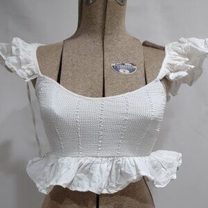 ZARA OFF SHOULDER BEIGE RUFFLES RUCHED STRETCH BODICE CROPPED COTTON BLEND MED